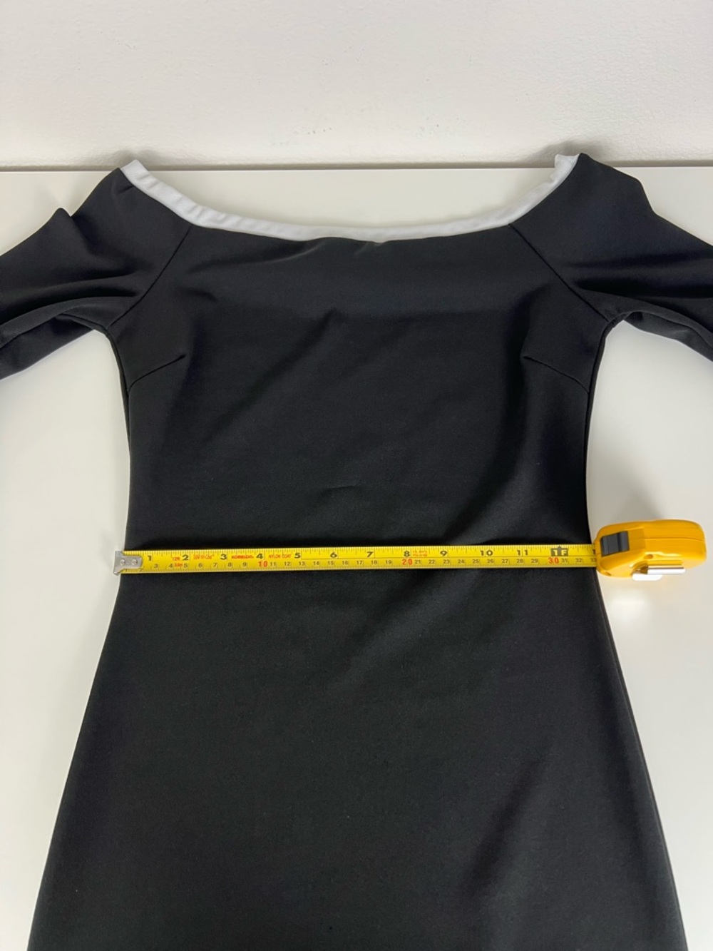 HMS Black Off Shoulder Y2K Mini Dress Bell Sleeve Bodycon White Trim Size S - Picture 5 of 8